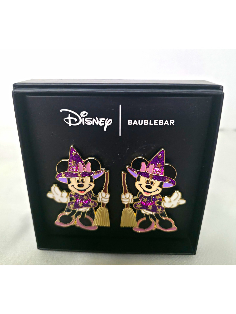 Disney BaubleBar Minnie Mouse Witch Earrings Halloween Purple Broom NIB